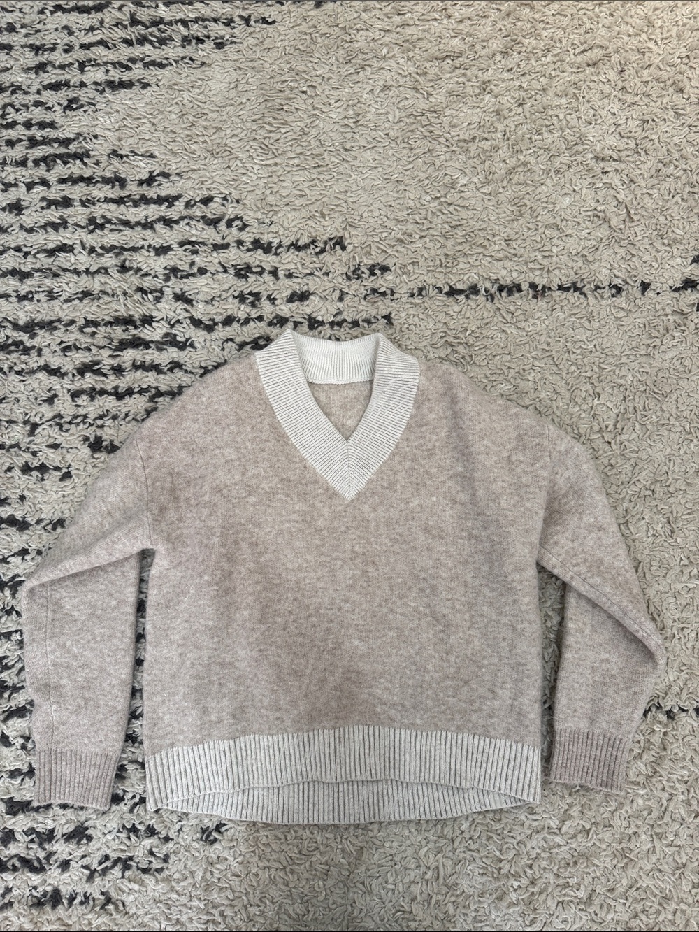 lululemon athletica Taupe V-Neck Sweater with Cream Trim